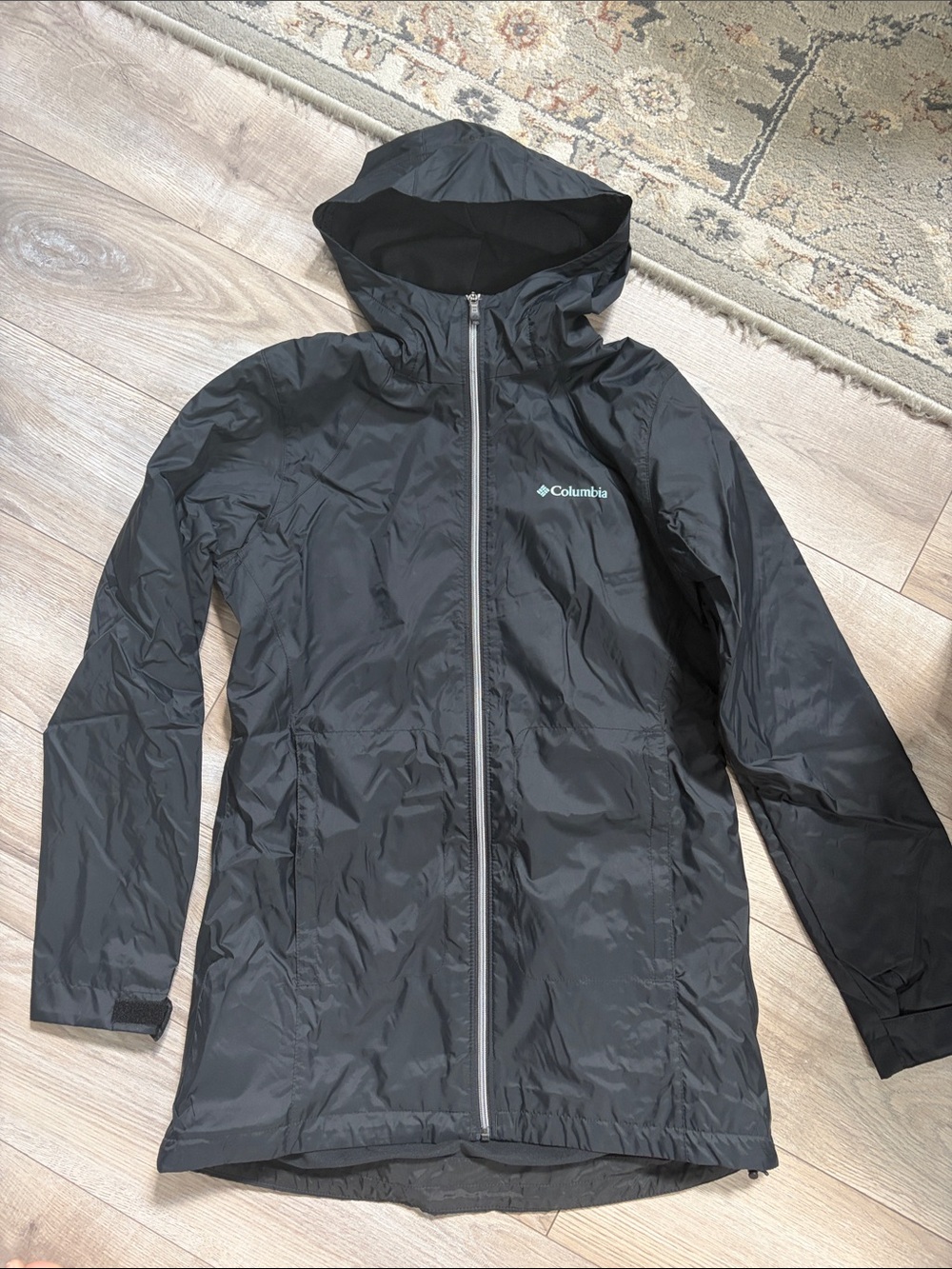 Columbia Black Hooded Trench-Style Rain Coat